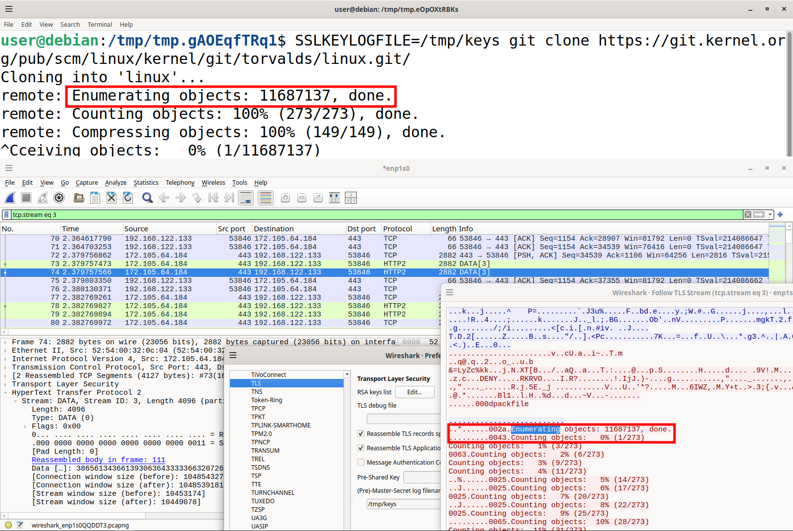 Decrypted network traffic (TLS/HTTPS) during git clone shows server-sent sideband status messages